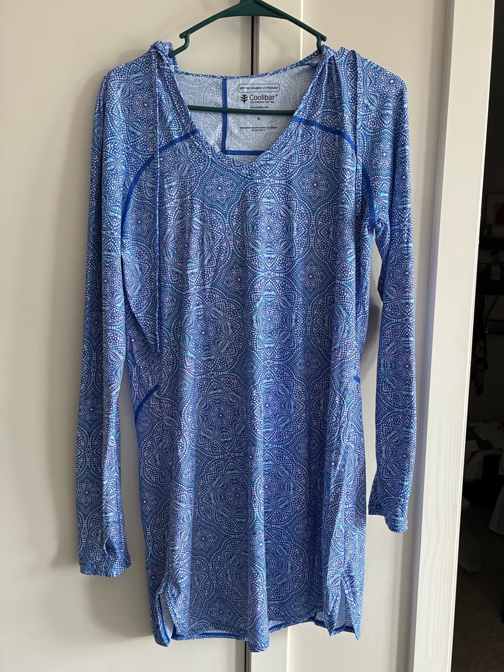 Coolibar Catalina Beach Coverup Sz S Blue geometric pattern UPF 50+ Hooded‎